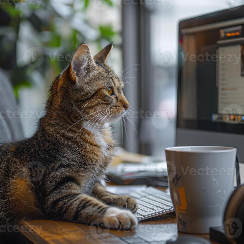 Tabby Cat Using Computer photo