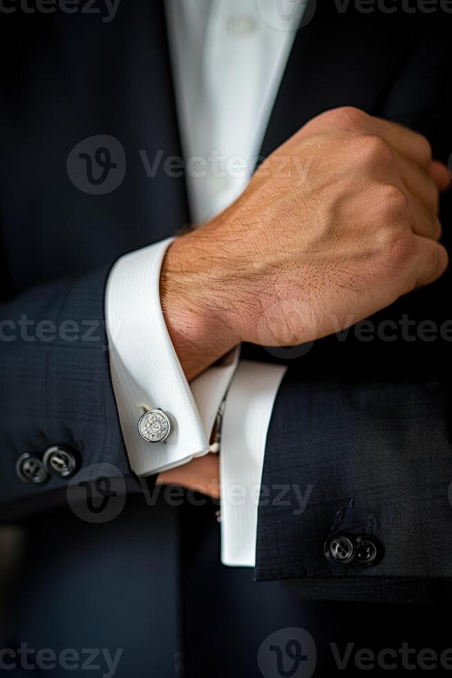 Man Adjusting Cufflinks on Suit photo