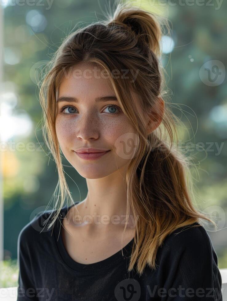 Woman With Blonde Hair And Freckles Smiles photo