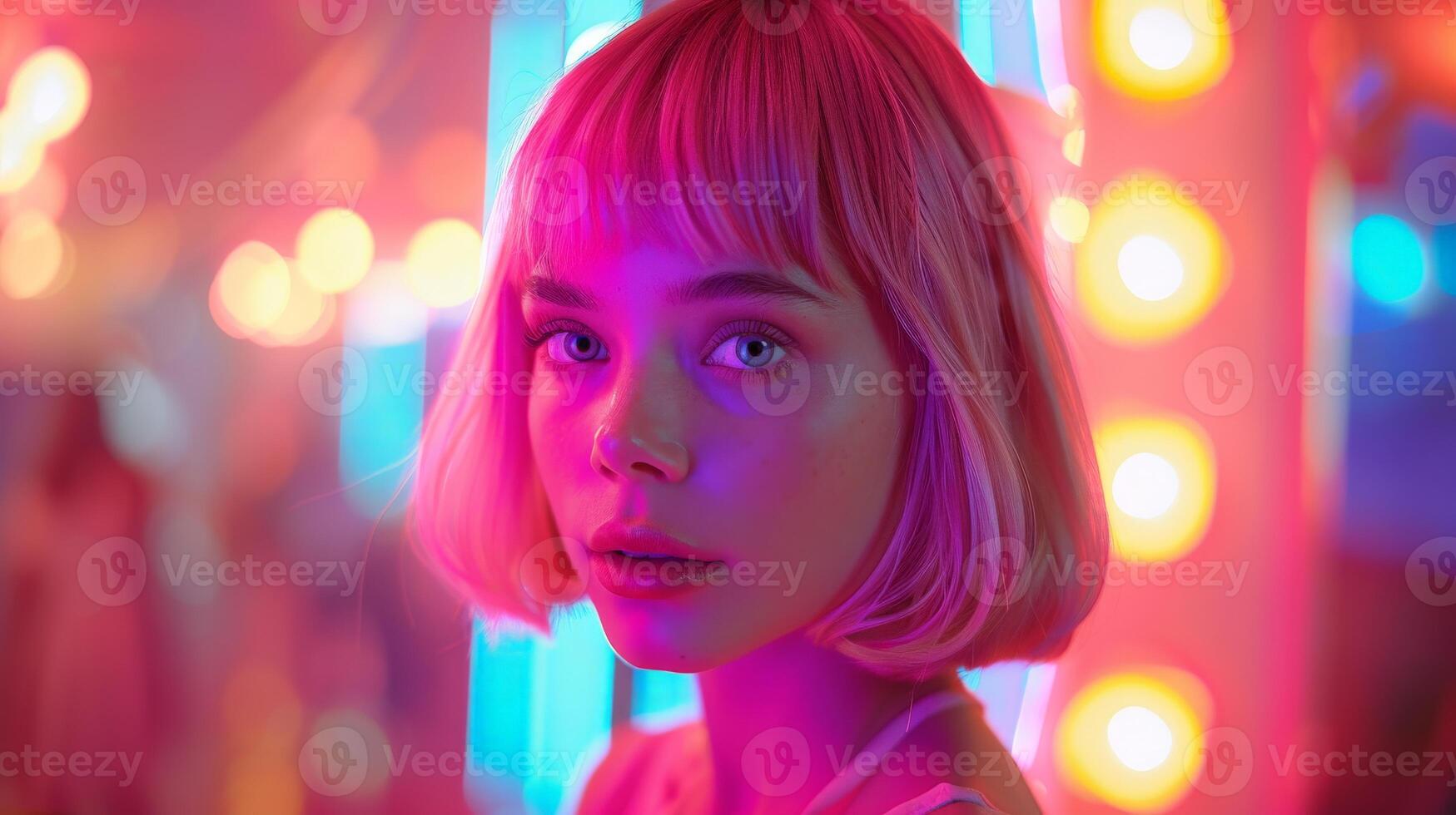 Woman With Blonde Hair Standing in Front of Neon Lights photo