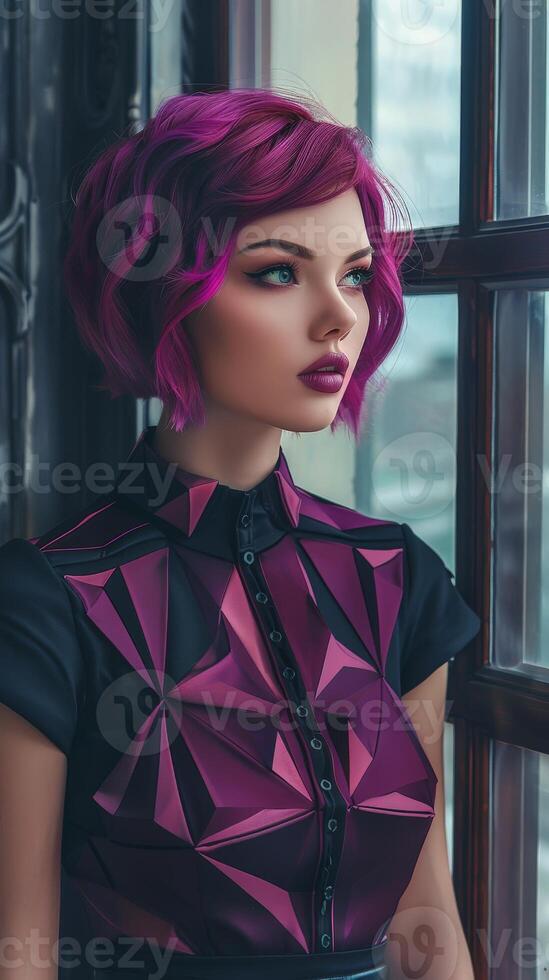Woman With Pink Hair Standing by Window photo