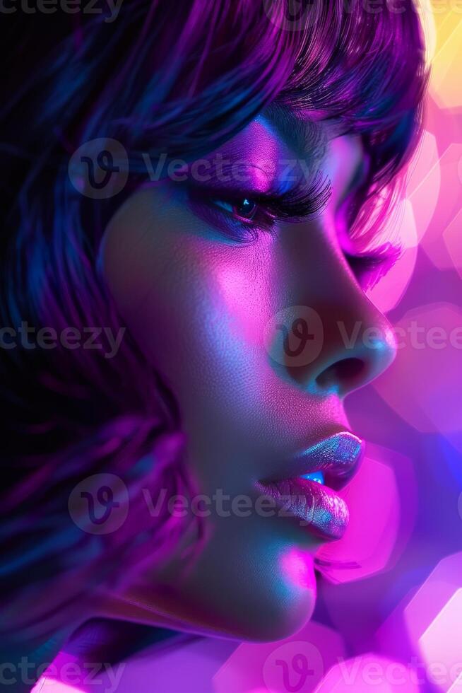 Close-Up of Womans Face With Bright Lights photo