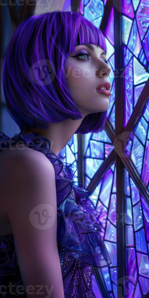 Woman With Purple Hair in Front of Stained Glass Window photo
