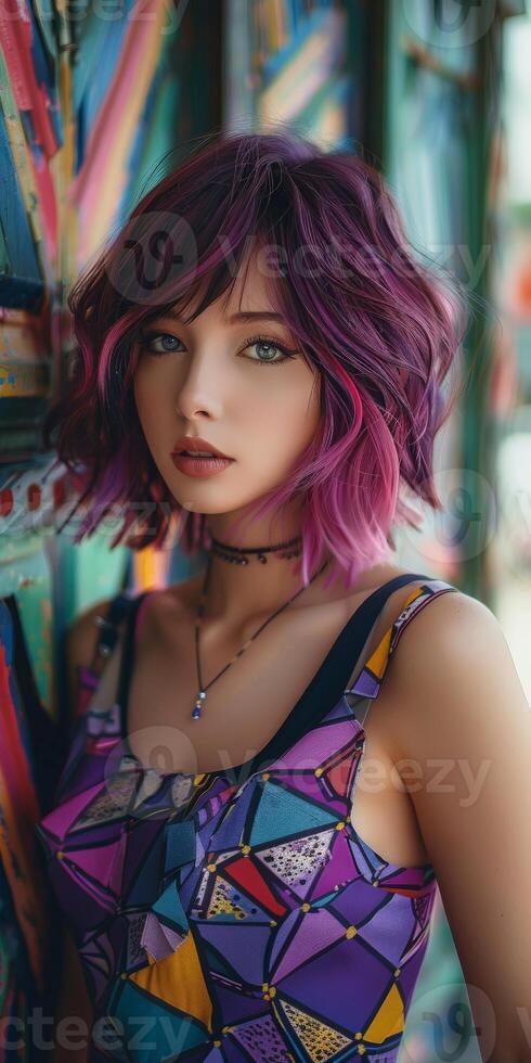 Woman With Purple Hair in Colorful Dress photo