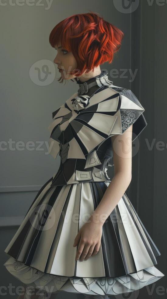 Elegant Woman With Red Hair in Black and White Dress photo