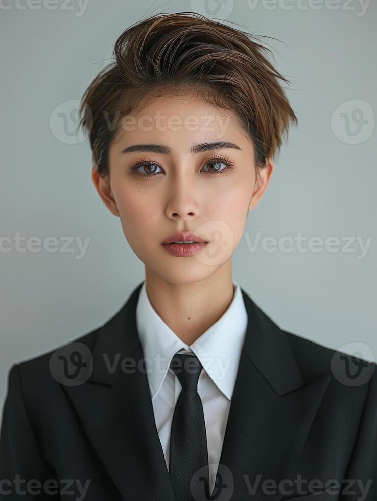 Young Thai Female in Suit and Tie Poses for Picture photo