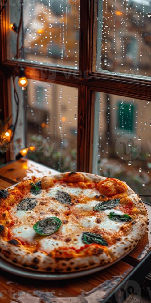 Margherita Pizza on Table by Window photo