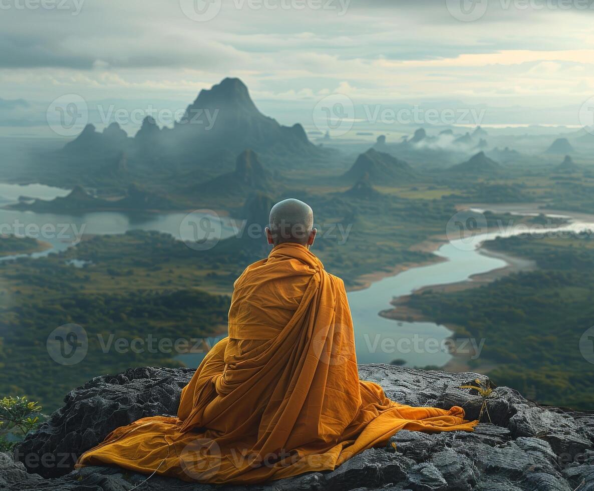 Buddhist Monk Meditating on Mountain Peak photo