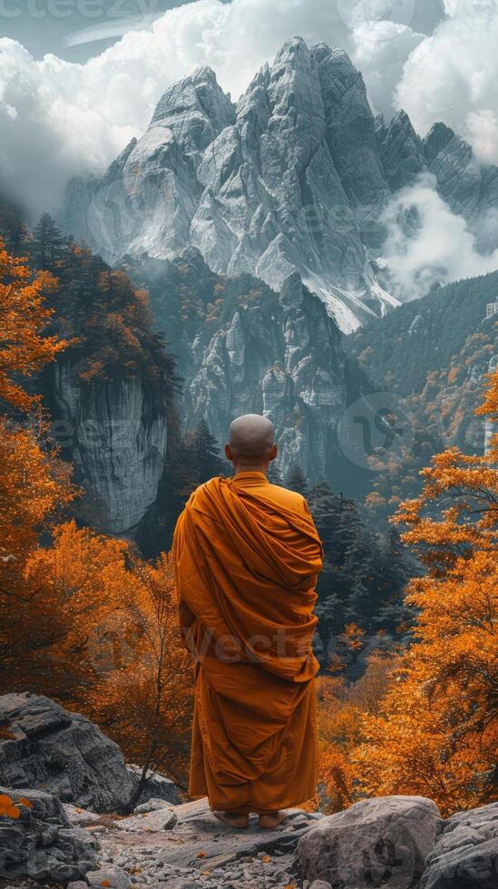 Buddhist Monk in Orange Robe on Mountain Top photo