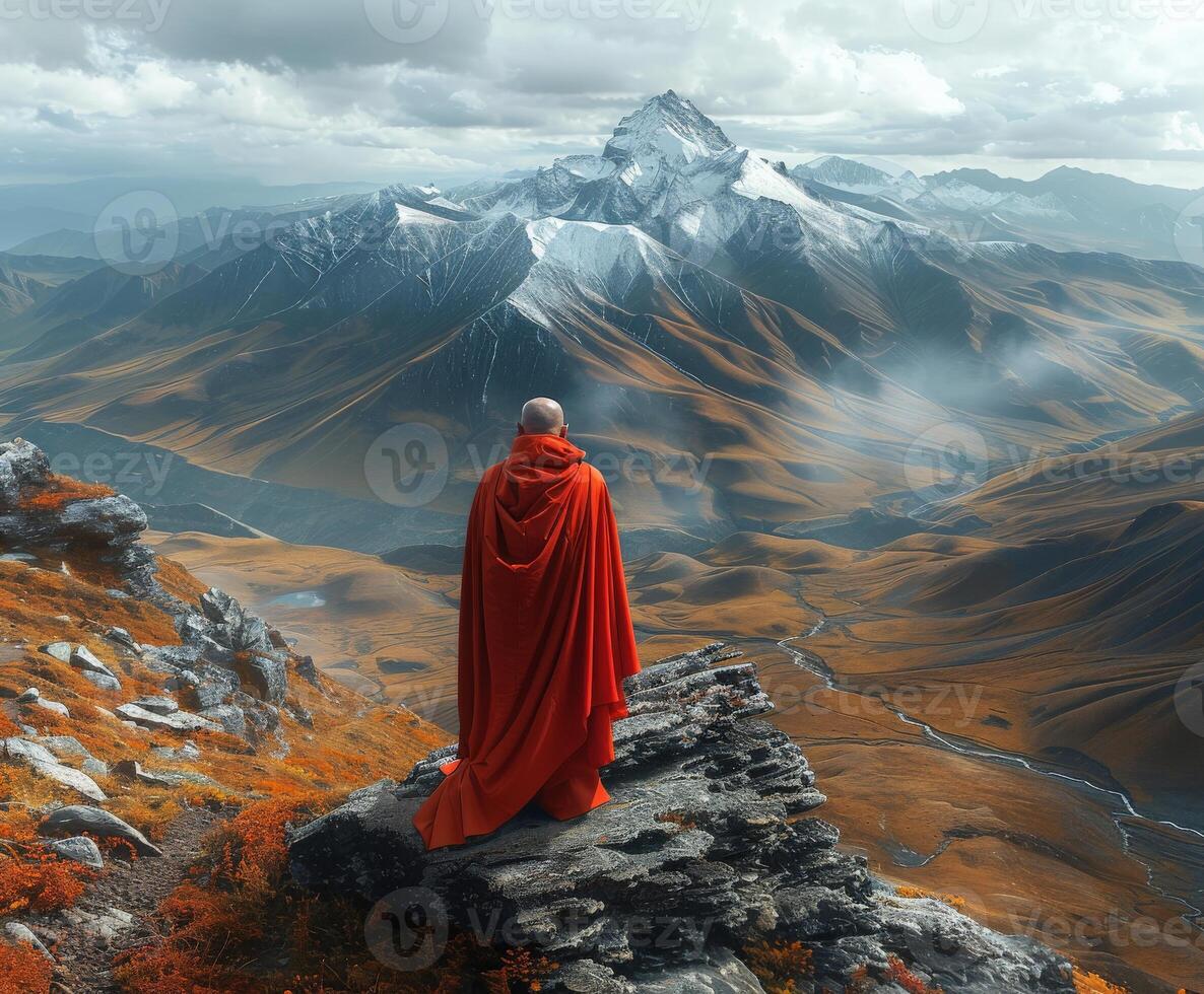 Buddhist Monk in Red Robe Standing on Mountain Top photo