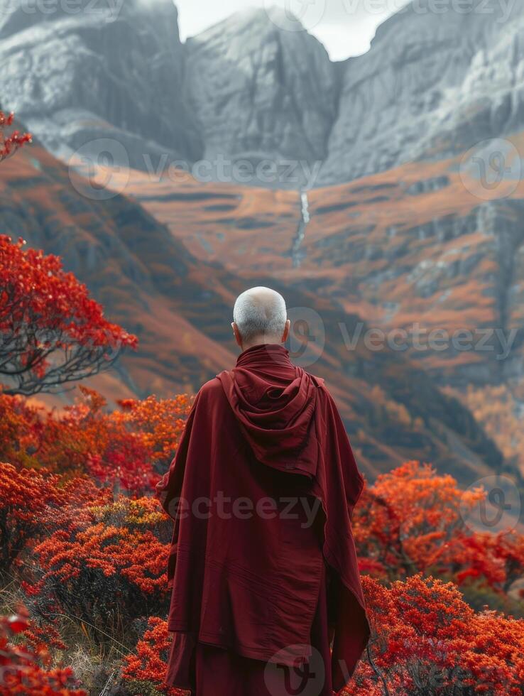 Buddhist Monk in Red Robe Contemplating Mountain Range photo