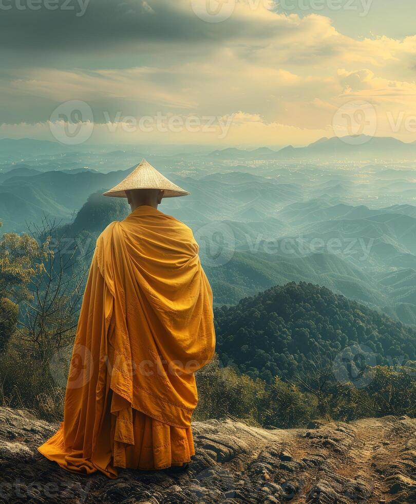 Buddhist Monk in Yellow Robe and Hat Standing on Mountain Top photo