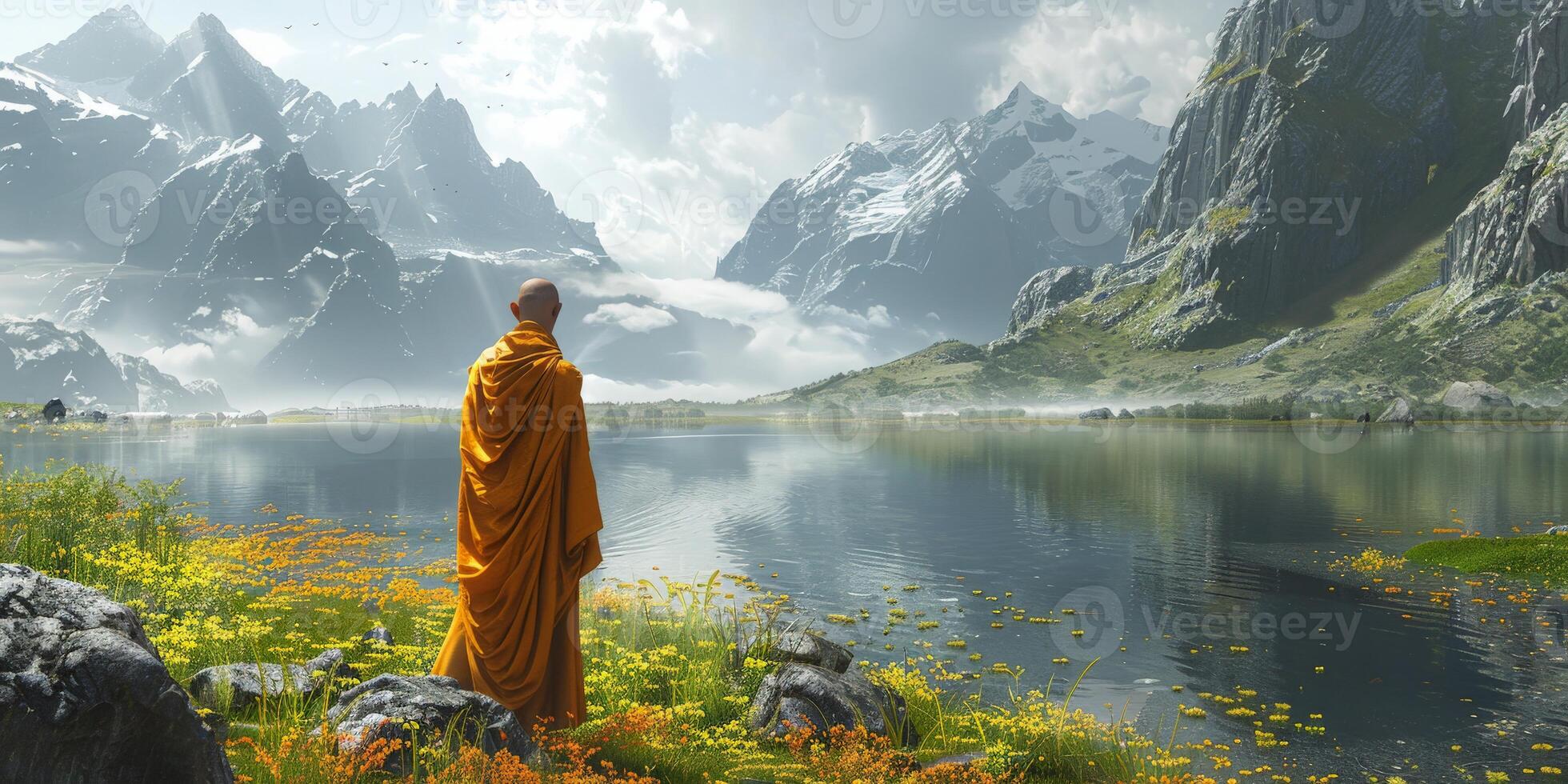 Buddhist Monk Standing in Front of Mountain Lake photo