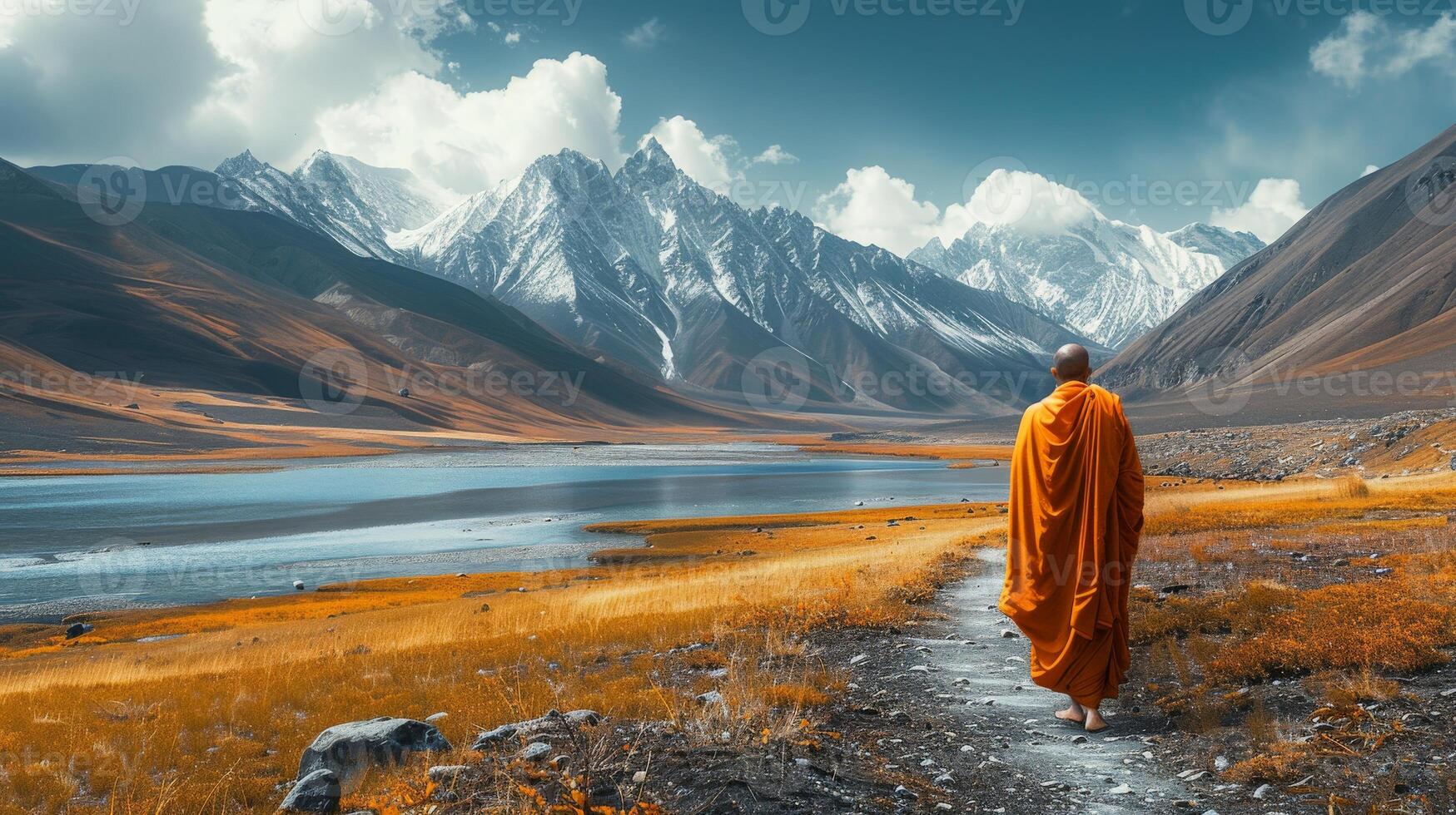 Buddhist Monk in Orange Robe Walking Down Path photo