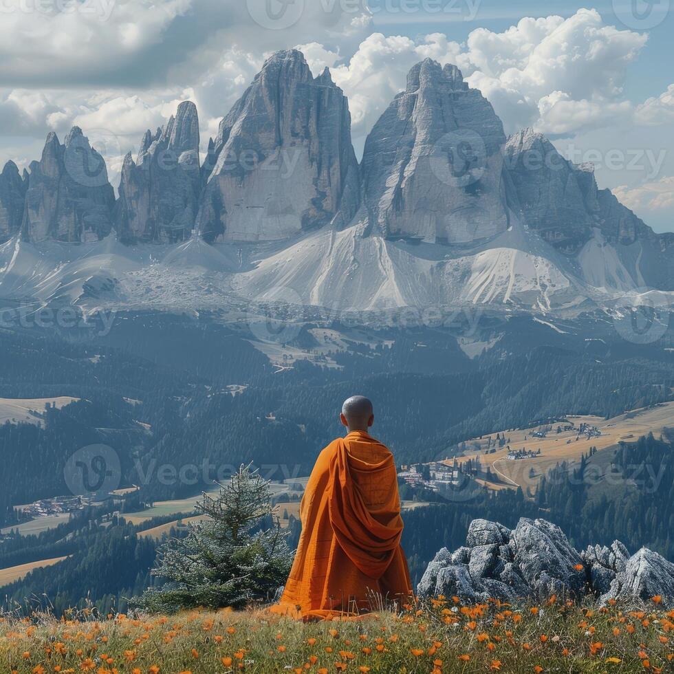 Buddhist Monk Sitting on Hill With Background of Mountains photo