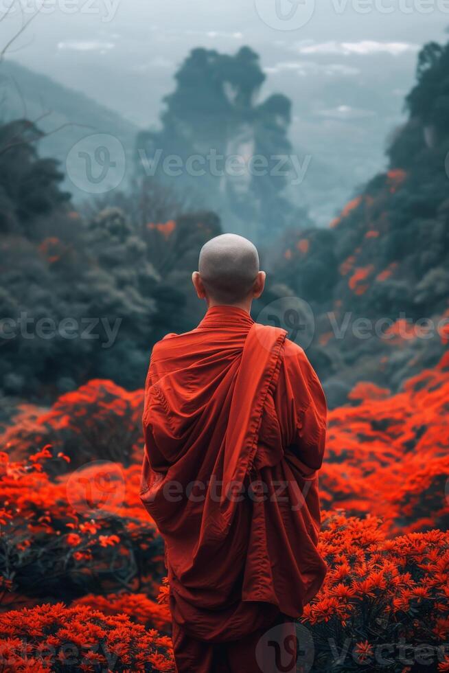 Buddhist Monk Standing in Field of Red Flowers photo
