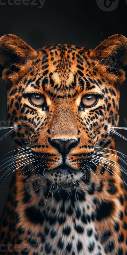 Close Up of Leopards Face on Black Background photo