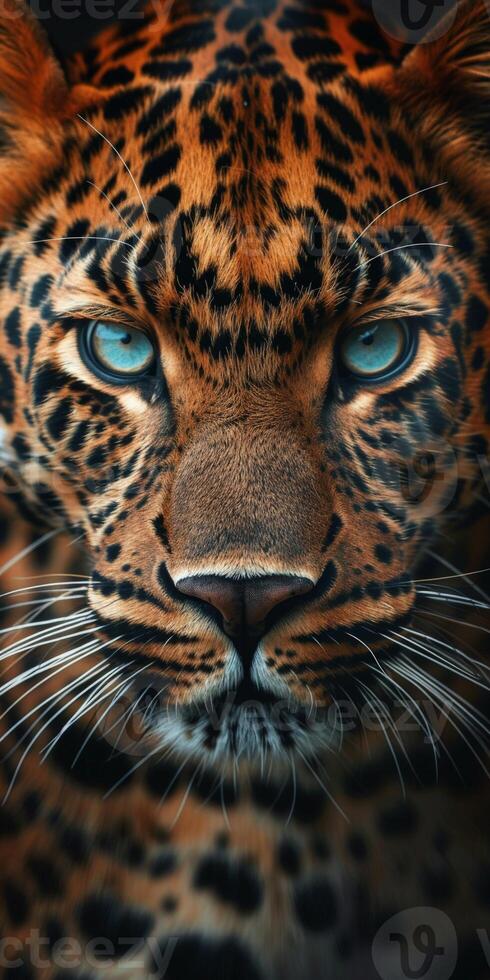 Close Up of a Leopards Face With Blue Eyes photo