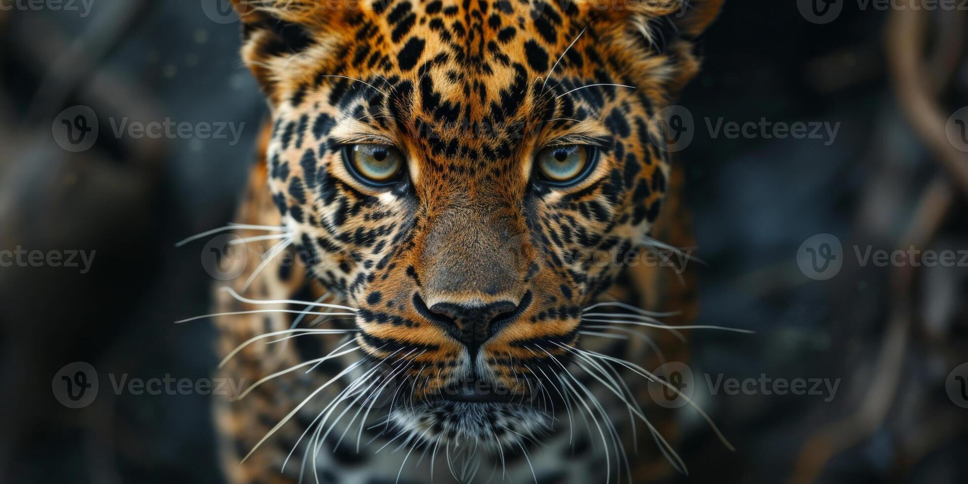 Close Up of a Leopards Face With Blurry Background photo