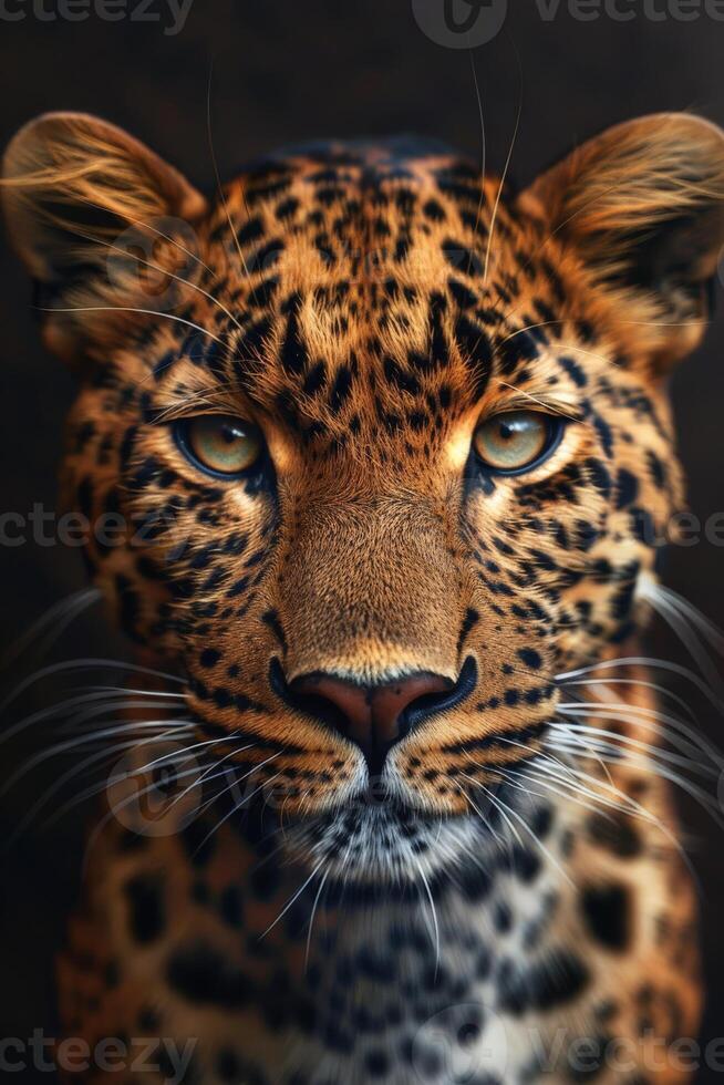 Close Up of a Leopards Face on a Black Background photo