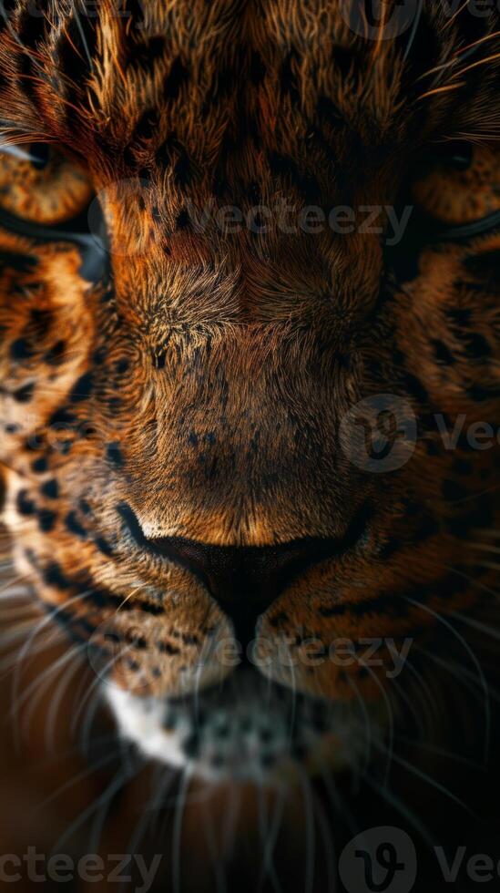 Close Up of a Leopards Face With Blurry Background photo