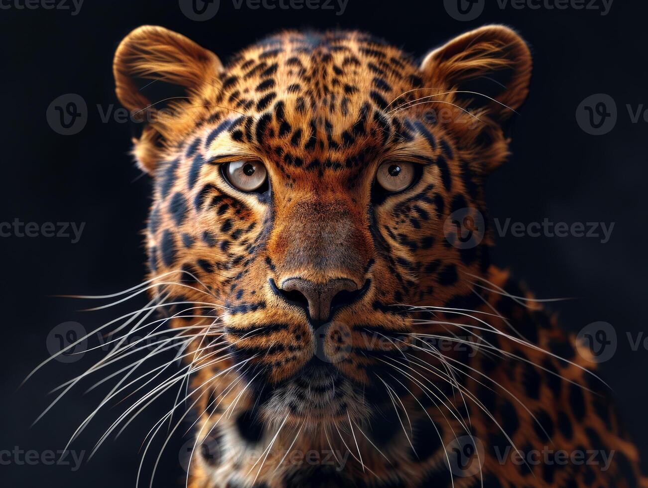 Close Up of Leopards Face on Black Background photo