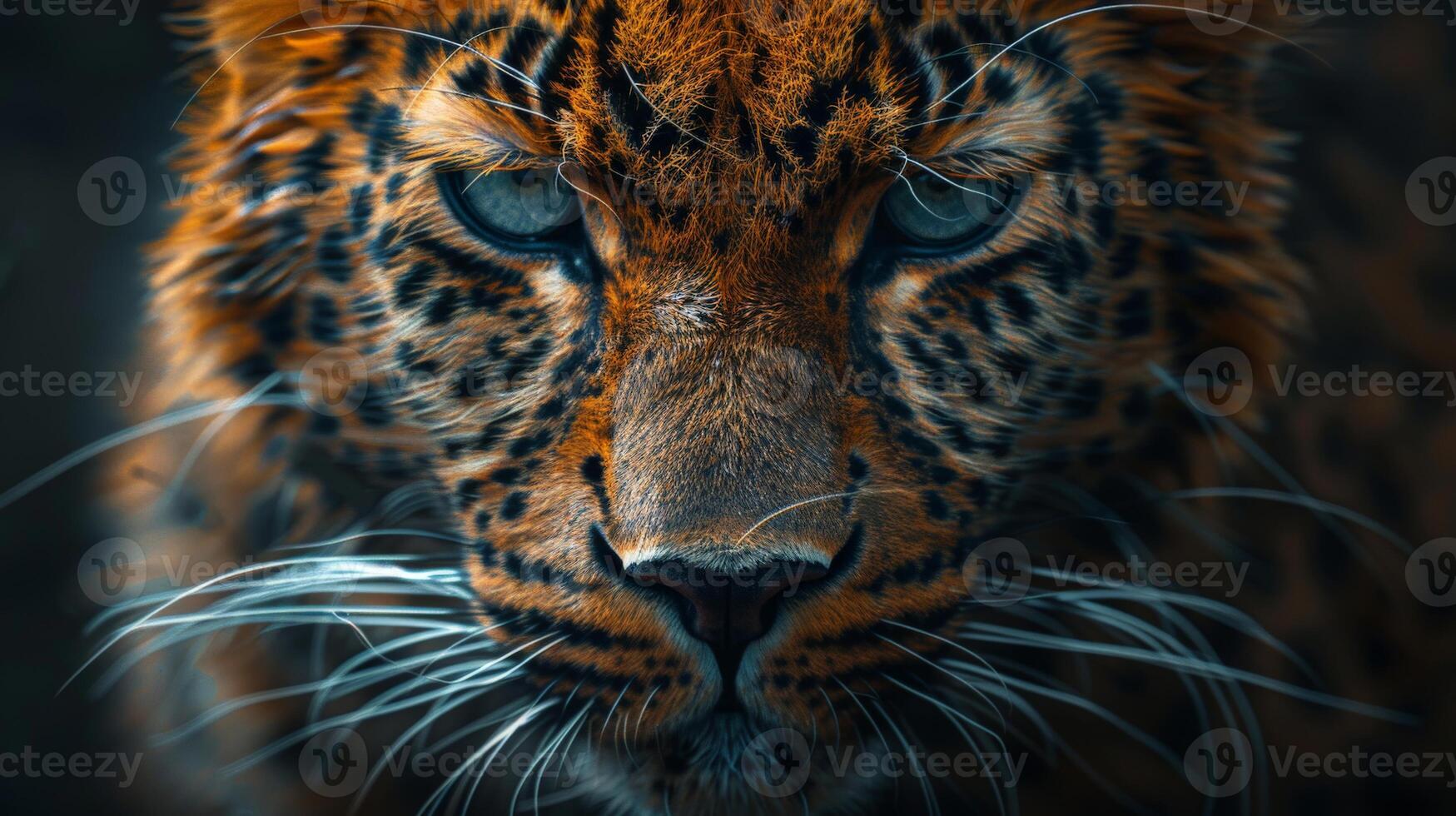 Intense Close Up of a Tigers Face With Blue Eyes photo