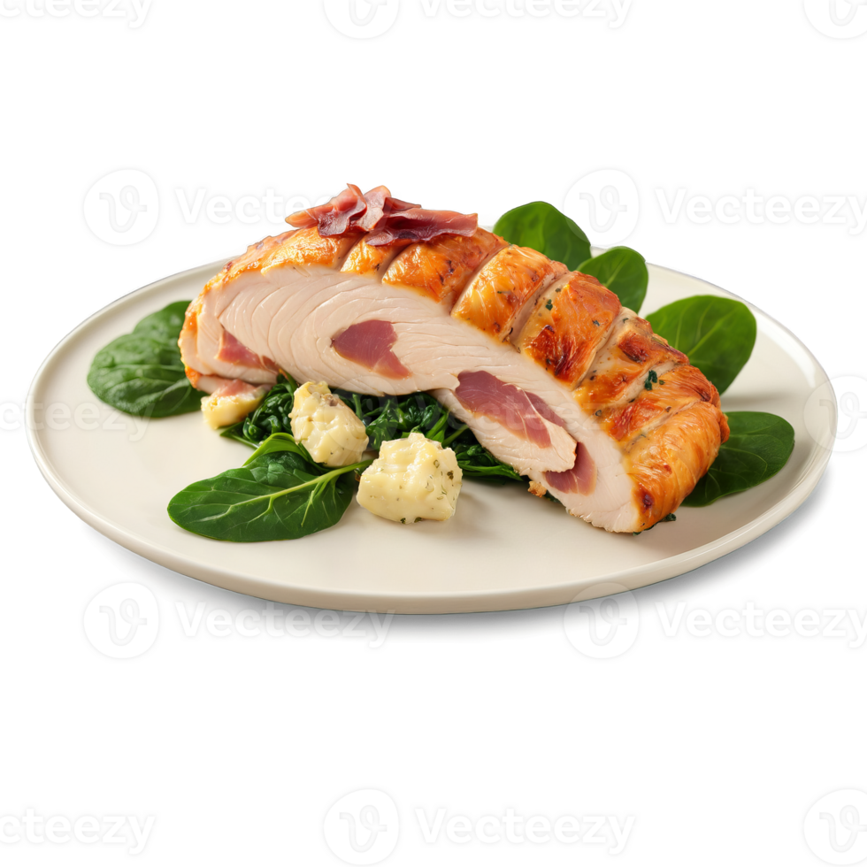Chicken roulade stuffed chicken breast prosciutto spinach golden brown parsley garnish Culinary and Food concept png