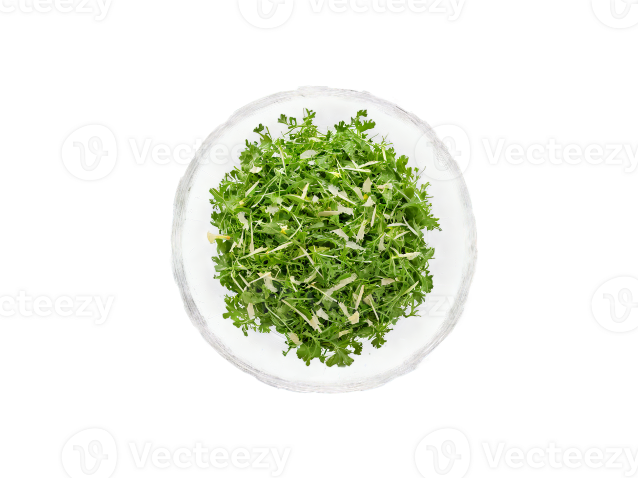 Salad arugula and parmesan with lemon vinaigrette served in a transparent glass bowl simple png