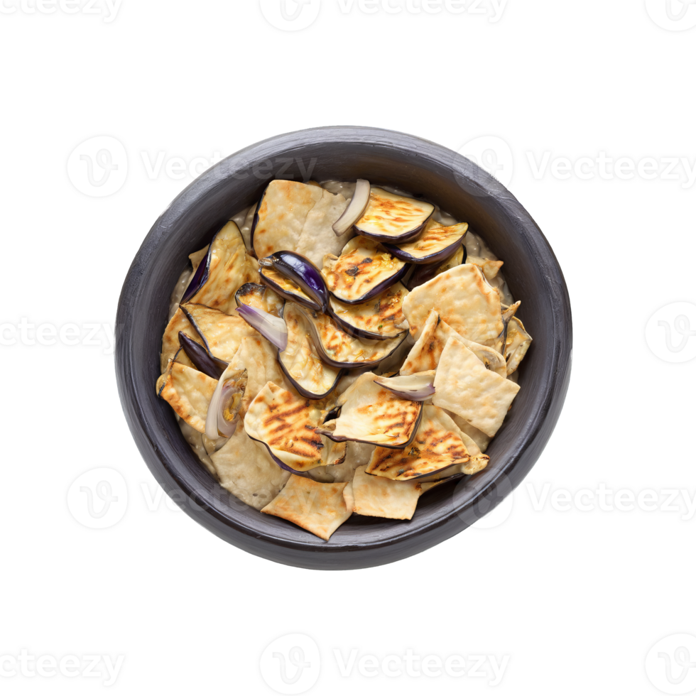 Grilled eggplant and caramelized onion dip with pita chips and a sprinkle of smoked paprika png