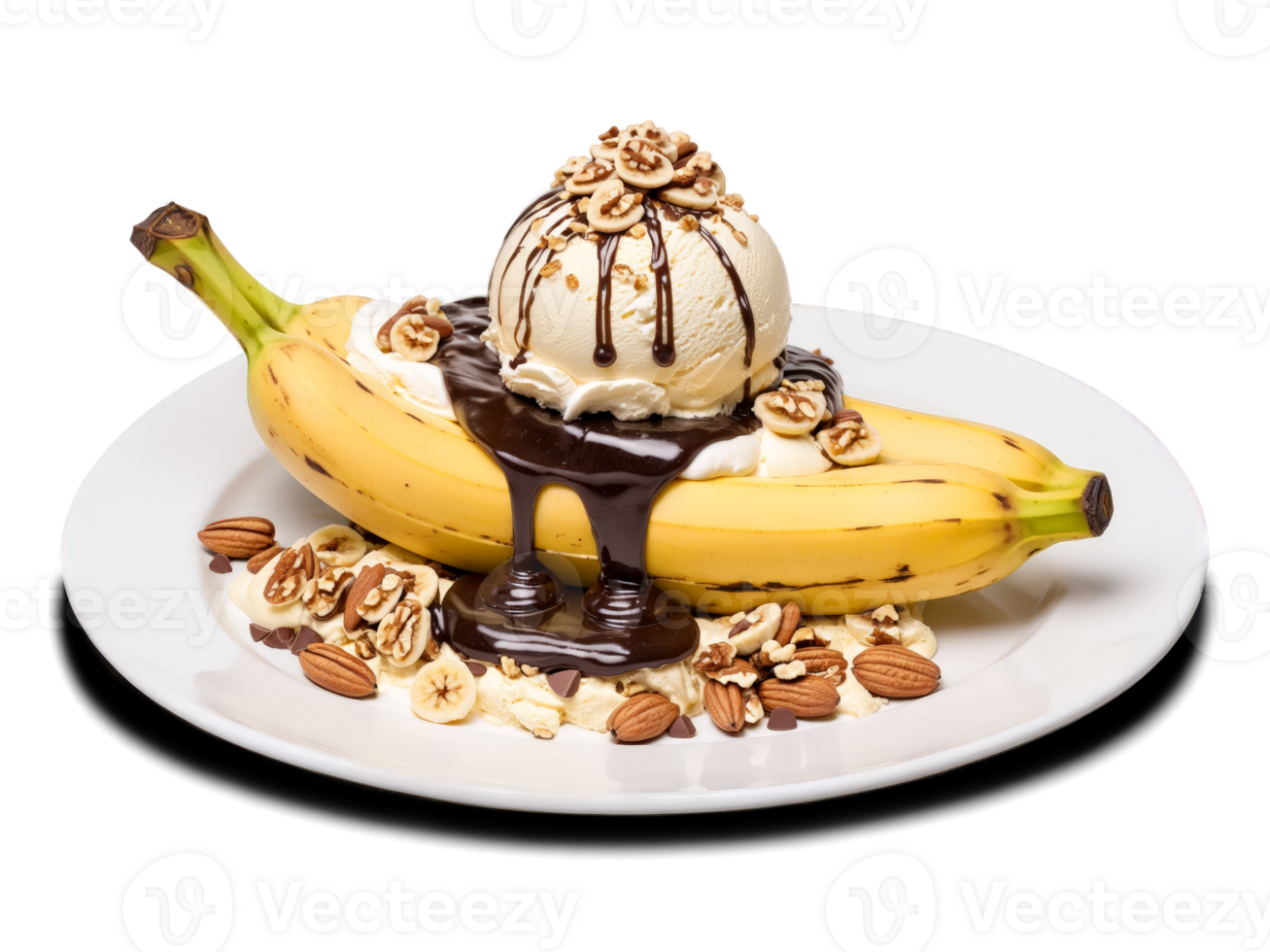 Banana Split split banana topped with scoops of ice cream chocolate sauce and chopped nuts png