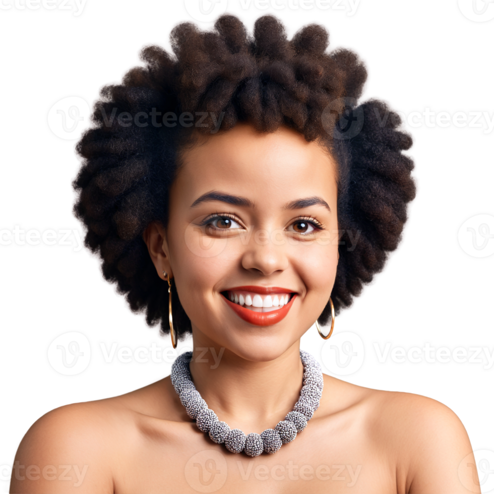 Young biracial woman with afro puffs and statement necklace plain face winking eyes grimacing mouth. Essence of diverse femininity. png