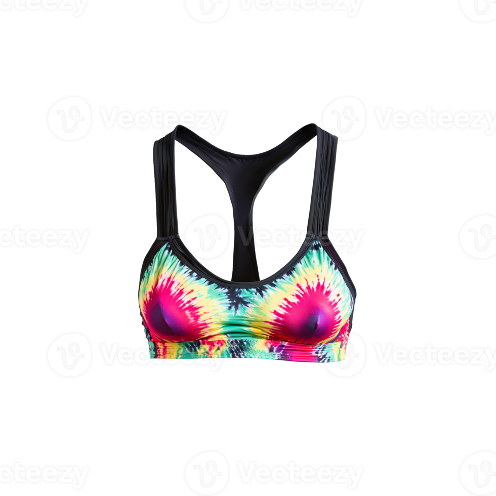 Vibrant tie dye print sports bra splashing with color energetic brush strokes artistic athleticism png