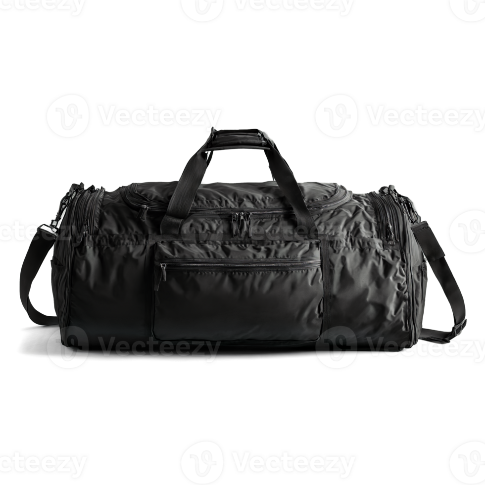 Gym Bag spacious black duffel bag with multiple pockets and a padded shoulder strap standing png