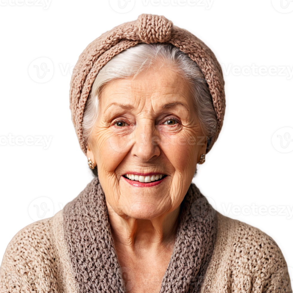 Woman in her 90s with a headscarf and a knitted cardigan attractive face squinting eyes. Essence of diverse femininity. png