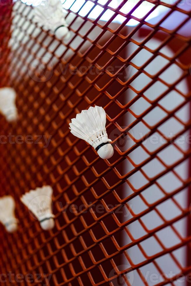 Shuttlecocks were stuck to the badminton steel grill net with a big red drawing of shuttlecock on background beside. photo