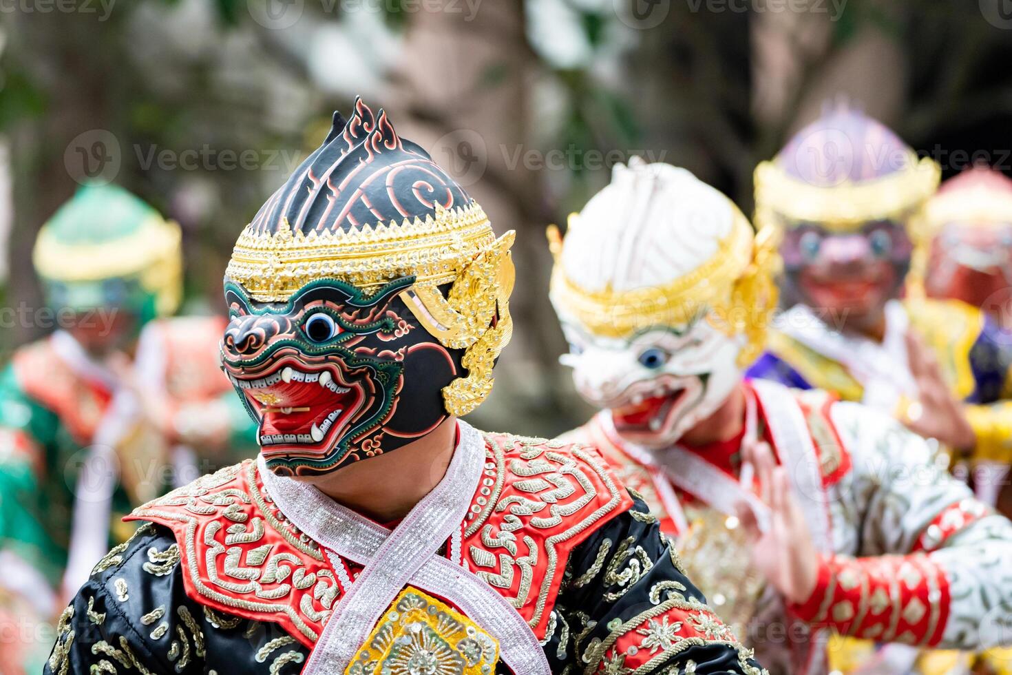 The performance of Thai traditional drama story Khon epic, Ramakien or Ramayana with Hanuman white monkey and others. photo