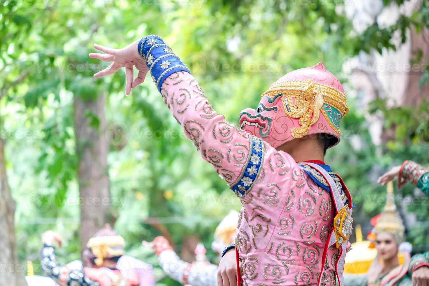 The performance of Thai traditional drama story Khon epic, Ramakien or Ramayana with Hanuman white monkey and others. photo