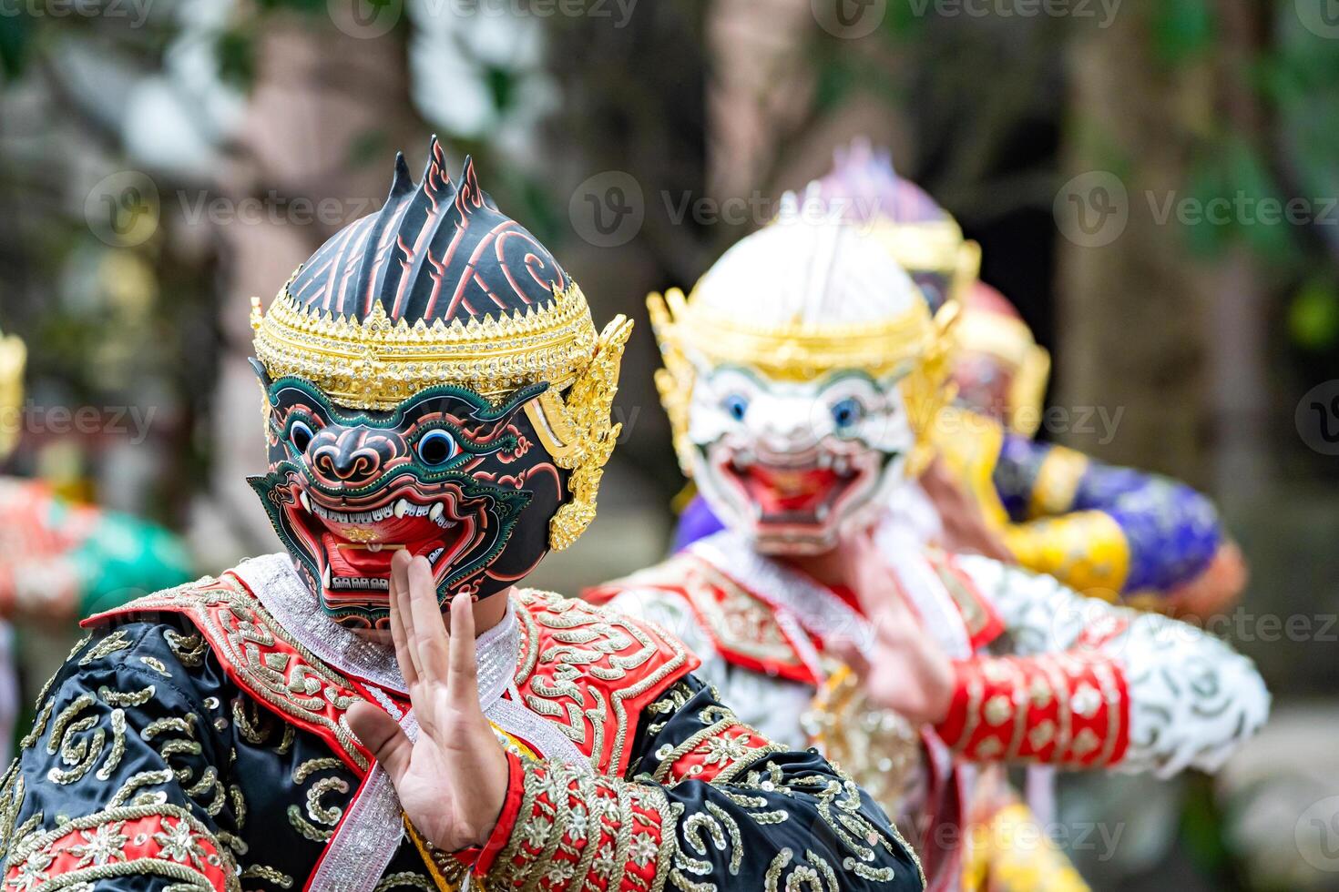 The performance of Thai traditional drama story Khon epic, Ramakien or Ramayana with Hanuman white monkey and others. photo