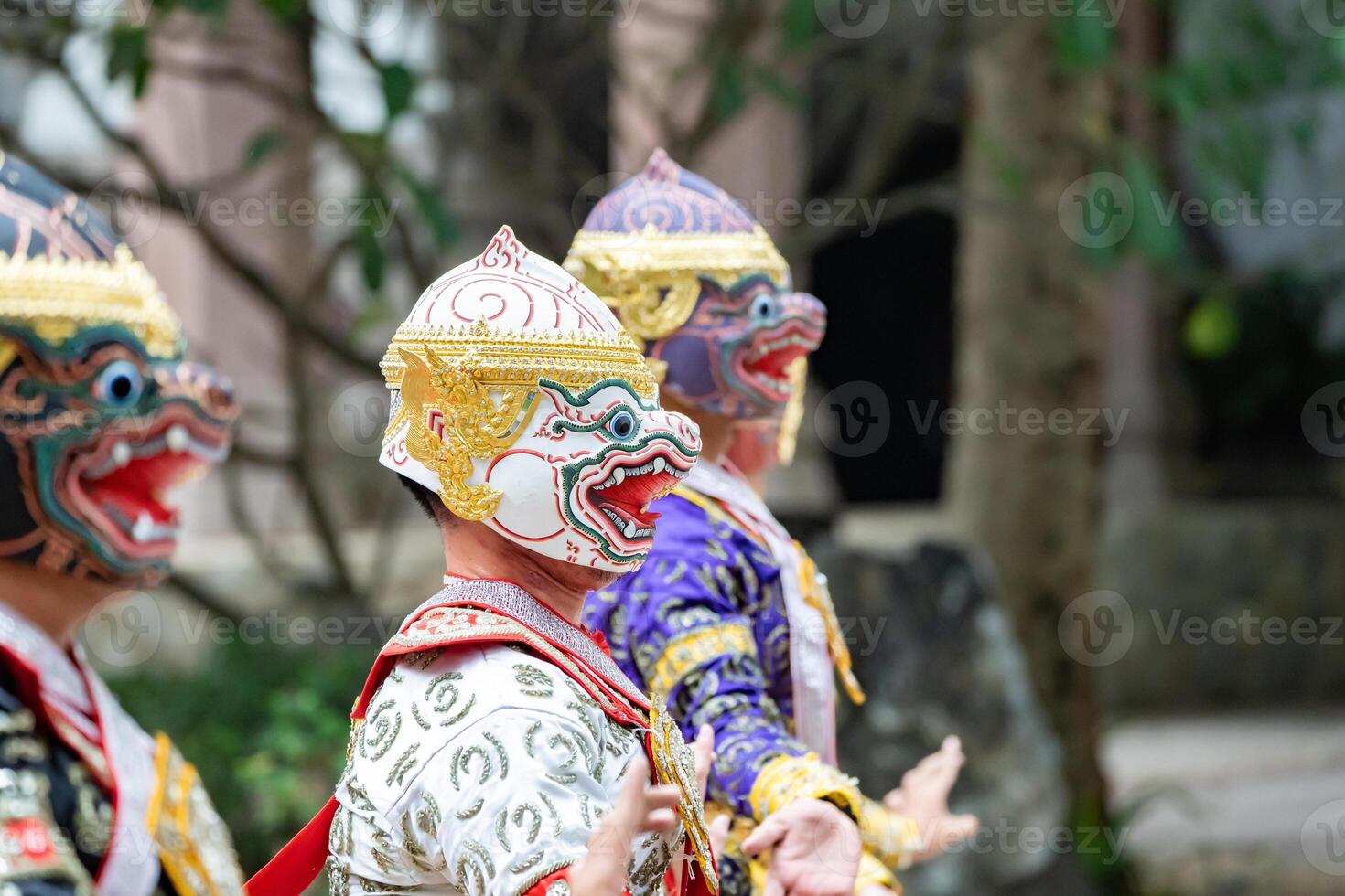 The performance of Thai traditional drama story Khon epic, Ramakien or Ramayana with Hanuman white monkey and others. photo