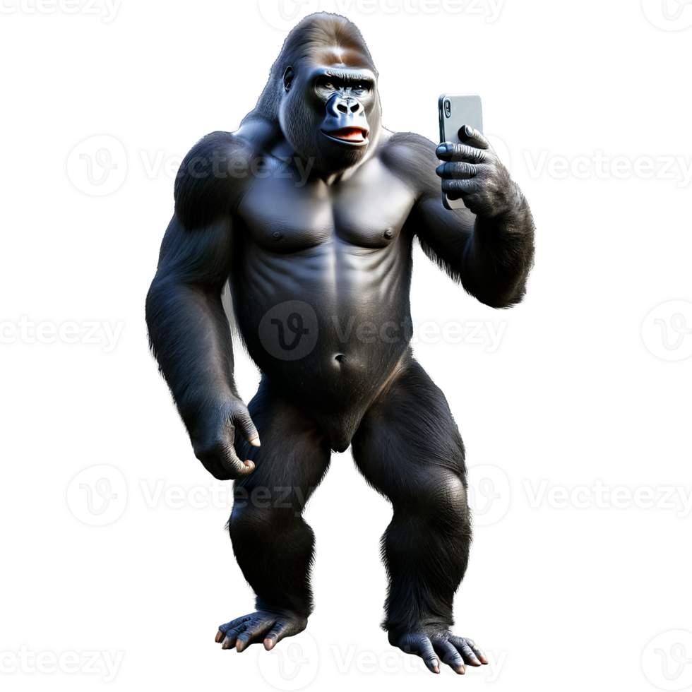 Gorilla with a muscular build and intelligent eyes holding a phone in its large hand png