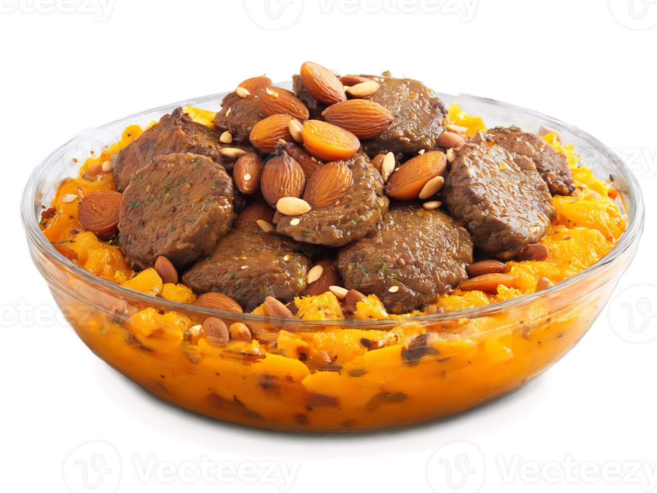 Lamb Tagine with apricots and almonds served in a transparent glass dish Moroccan and aromatic png