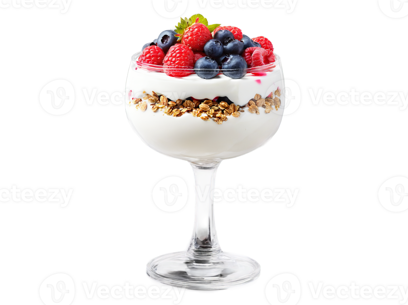 Summer breakfast yogurt parfait with granola and berries served in a transparent glass cool png