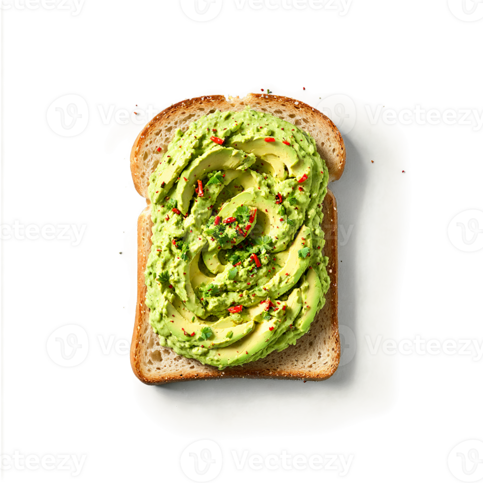 Avocado toast bright green mashed avocado spread on a slice of bread with red pepper png
