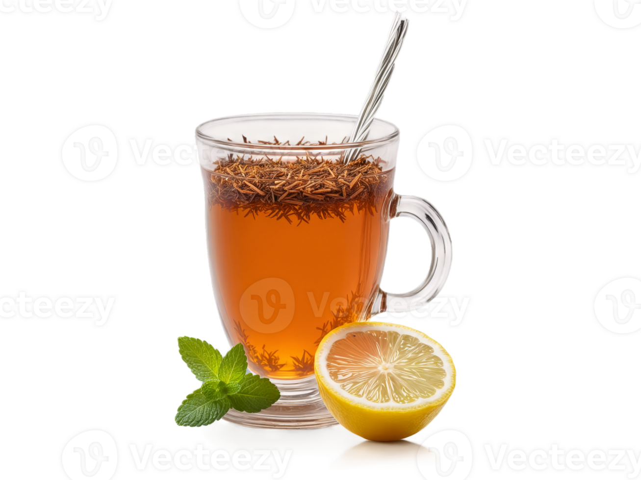 South African Rooibos Tea in clear glass garnished with slice of lemon and sprig png