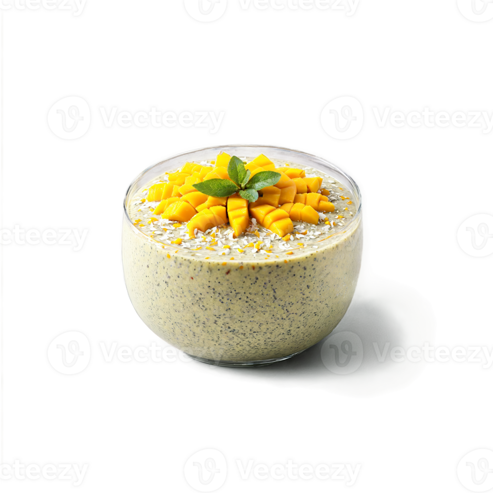 Mango chia pudding creamy white base swirled with vibrant mango puree topped with fresh mango png