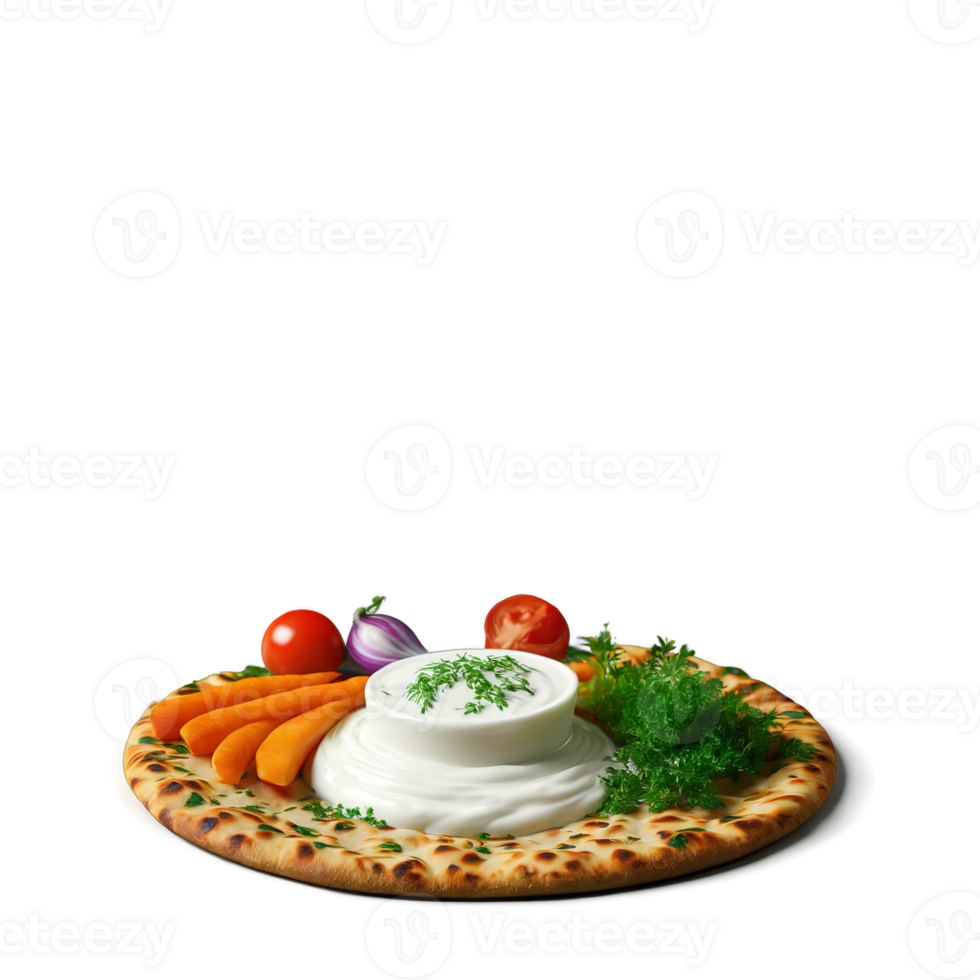 Tajik qurutob flatbread yogurt sauce vegetables herbs torn bread pieces vibrant colors Culinary and Food png