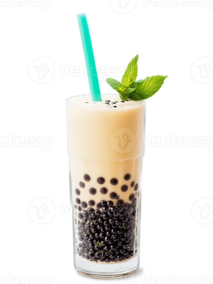 Chinese Bubble Tea in tall glass filled with black tapioca pearls and milk tea garnished png