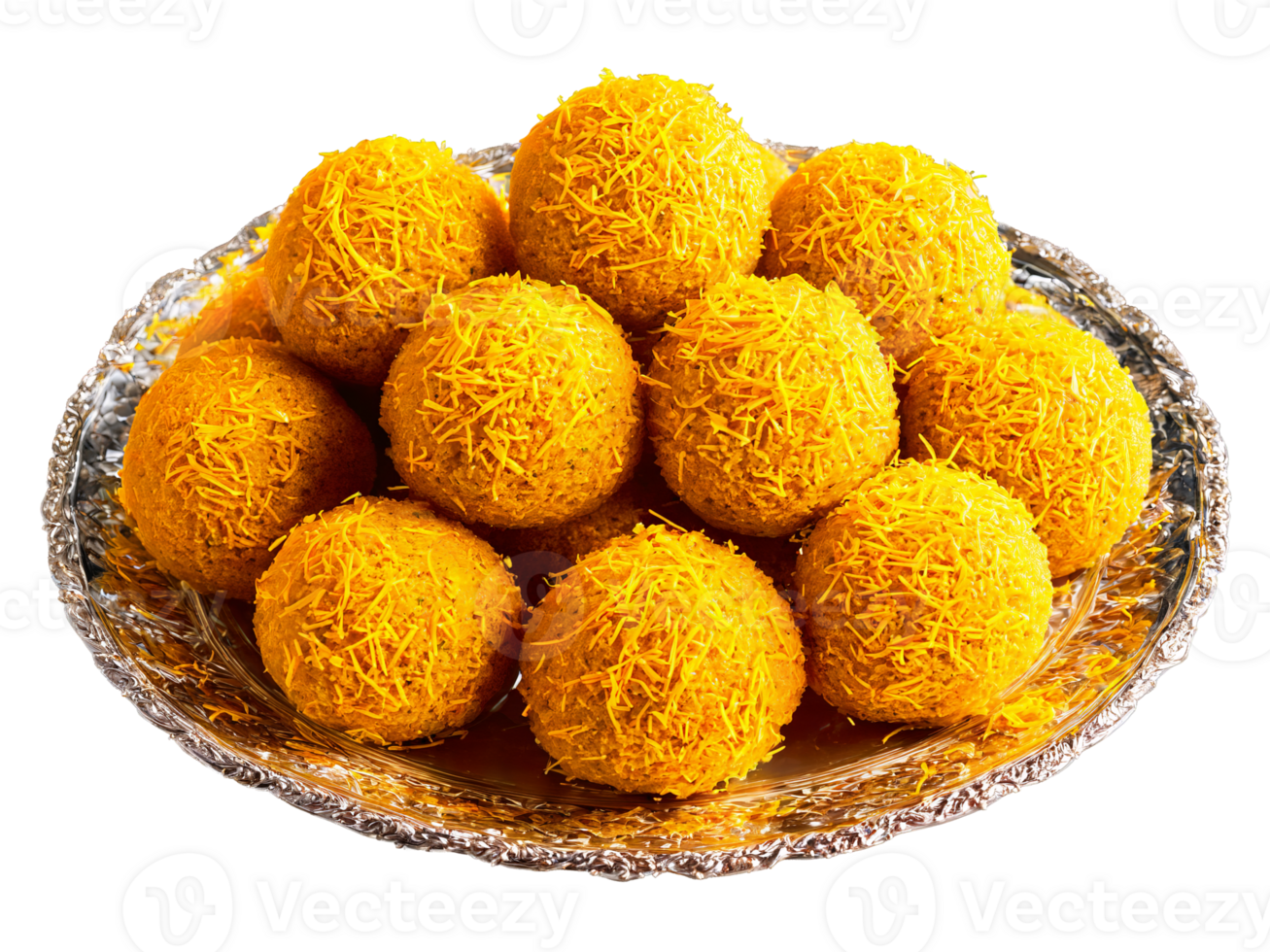 Laddu with Saffron Strands Round laddus adorned with saffron strands served on a glass platter png