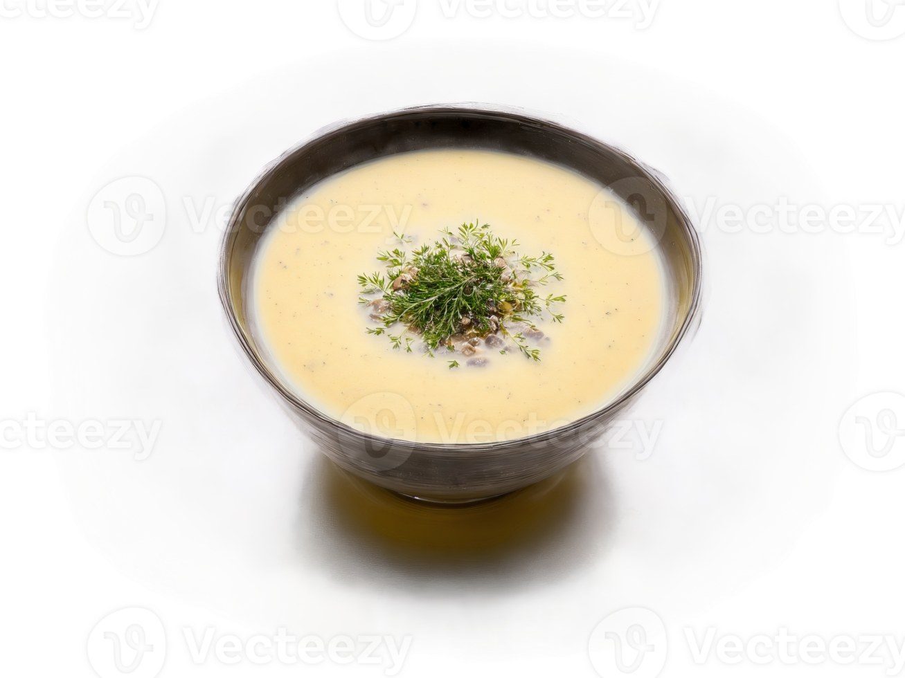 Autumn soup creamy mushroom with thyme and truffle oil served in a transparent glass bowl png